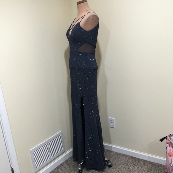 Dillard’s Dear Moon Maxi Dress Size 5 Navy Blue Glitter Caged Cut Out Gown - Picture 6 of 13